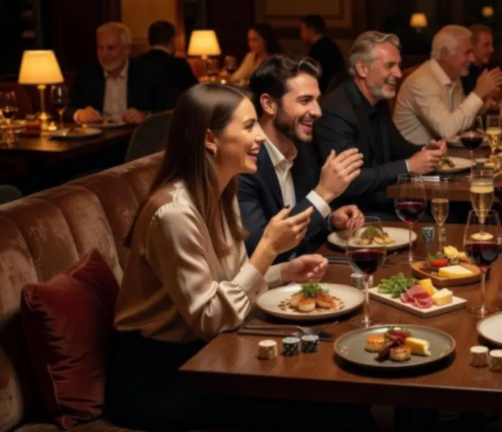 Hosté v tmavě laděném lounge baru s teplým světlem
