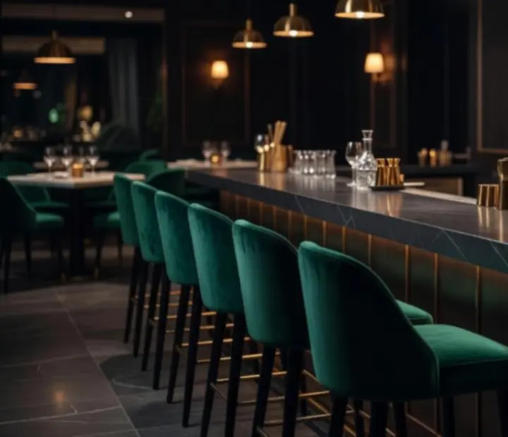 Moderní večerní bar s visutým osvětlením a tmavým lounge interiérem