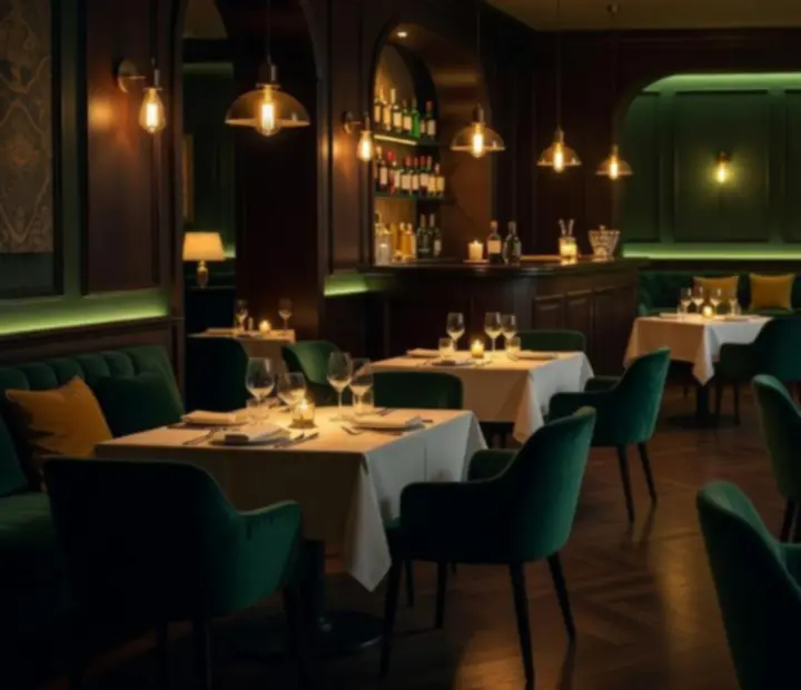 Temná restaurace s večerní atmosférou v Gather Housse
