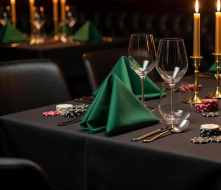 Elegantně prostřený večerní stůl v temné restauraci Gather Housse s atmosférickým osvětlením