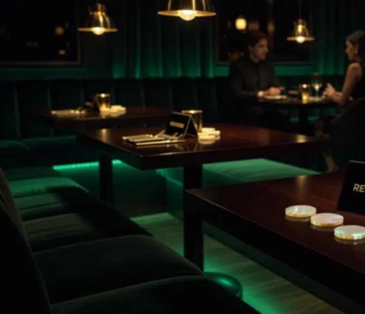 Večerní atmosféra restaurace Gather Housse s intimním osvětlením
