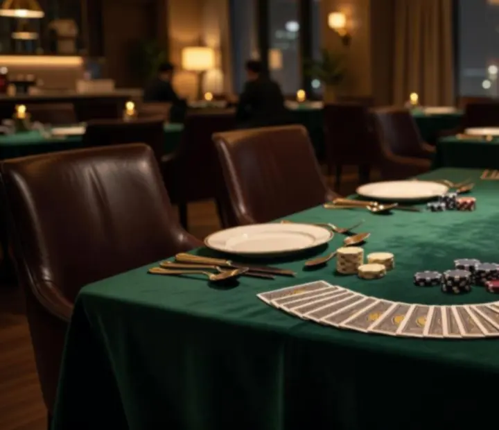 Stůl v restauraci s večeří a společenským pokerovým programem
