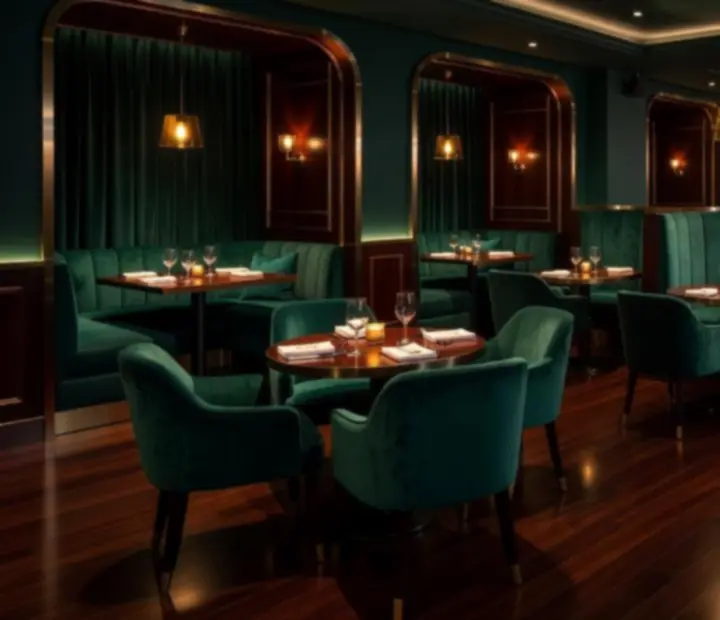 Večerní interiér restaurace Gather Housse s tlumeným zeleným a žlutým osvětlením