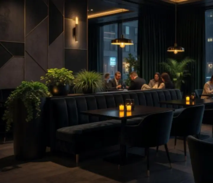 Večerní interiér restaurace Gather Housse s tlumeným světlem a zelenými akcenty