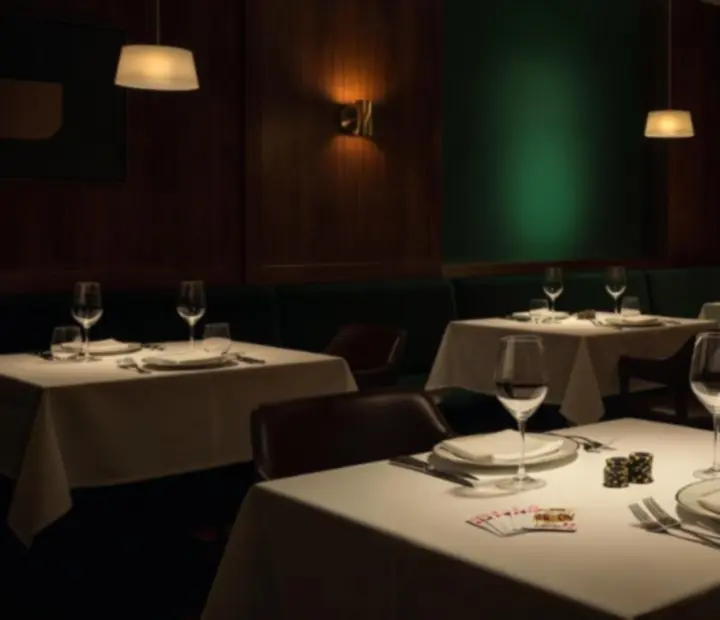 Atmosférický večerní interiér restaurace Gather Housse při tlumeném světle