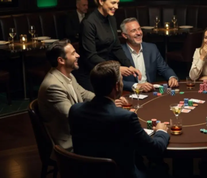 Skupina hostů hraje společenský poker u stolu v restauraci Gather Housse.