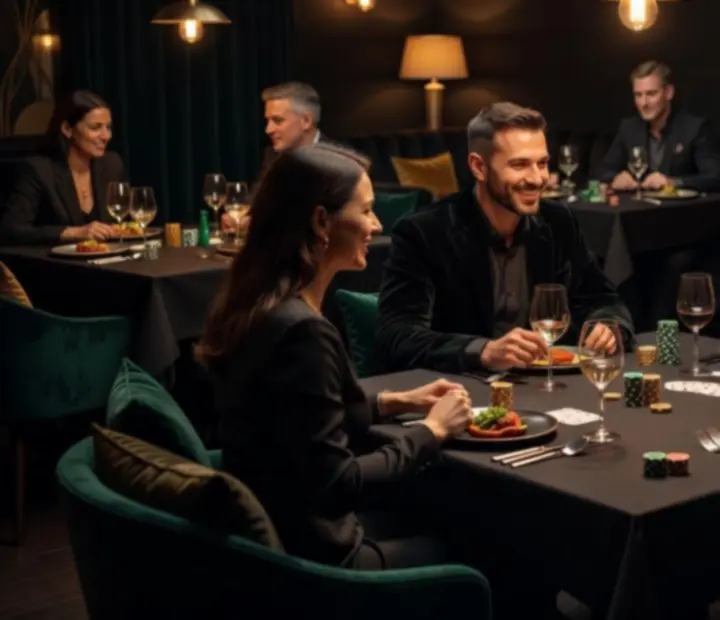 Hosté u tematicky prostřených stolů v restauraci Gather Housse během společenské hry